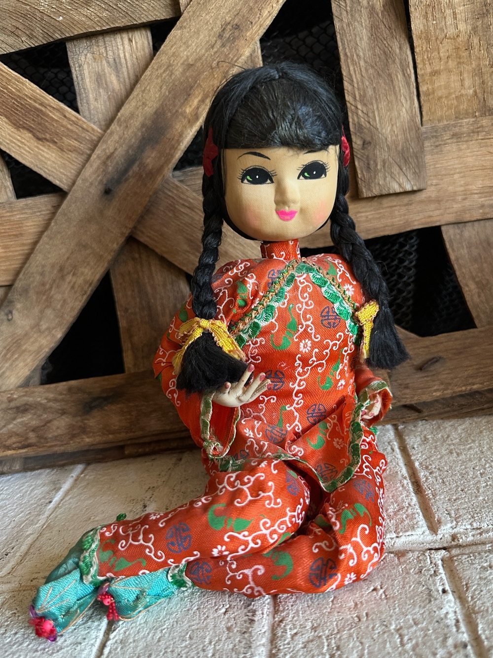 Vintage Bradley Style Asian Doll in Silky Pajamas, Stockinette Face Pose Doll